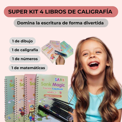 SUPER KIT 4 LIBROS DE CALIGRAFÍA REUTILIZABLES + TINTA MÁGICA + ENVÍO GRATIS